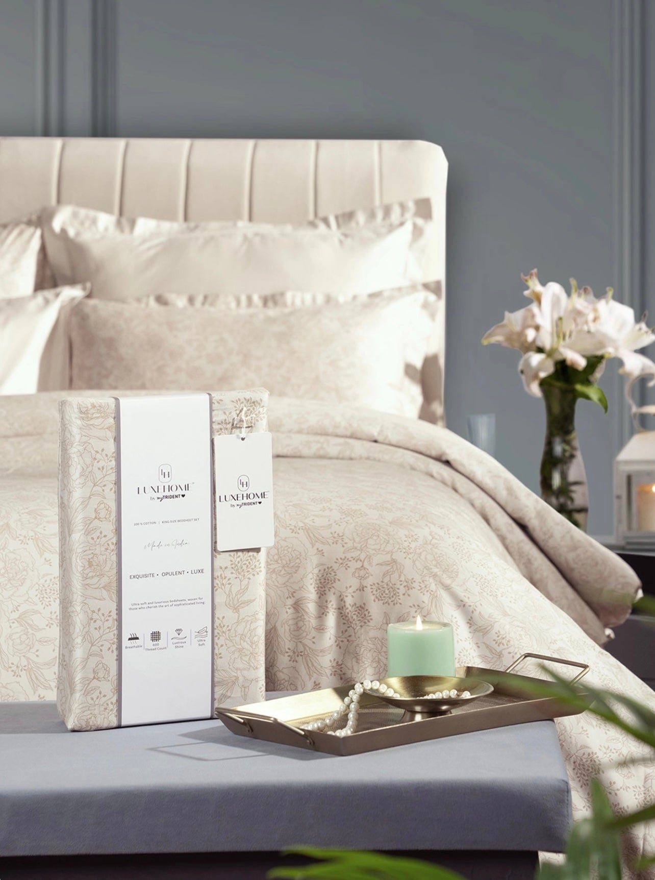 Luxe Home King Bedsheet, Solace|600 TC Cotton|4 Pillow Covers