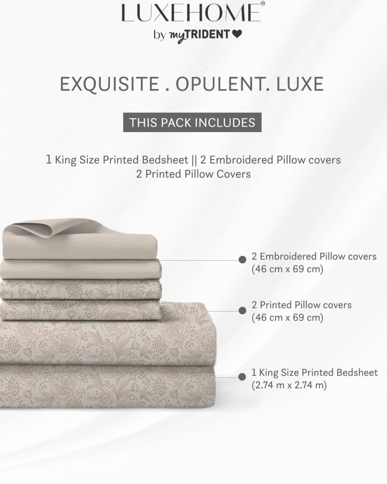 Luxe Home King Bedsheet, Solace|600 TC Cotton|4 Pillow Covers