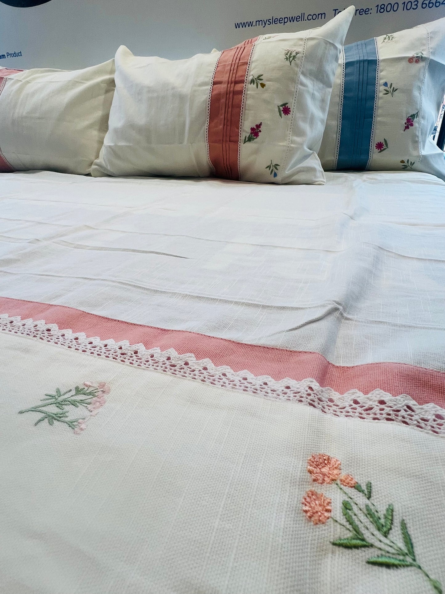 White Embroidered & Lace bedshee